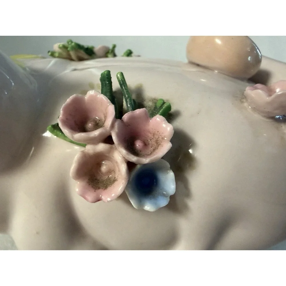 Vintage Lefton Japan Piggy Bank Applied Porcelain Flowers Pink Pig Coin Bank